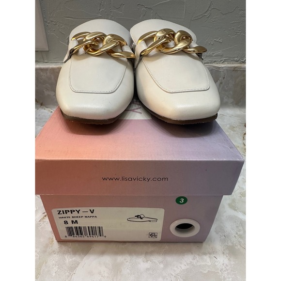 Lisa Vicky Shoes - Lisa Vicky Zippy V‎ White Sheep Nappa Mules Loafers Size 8 M Gold Chain Accent